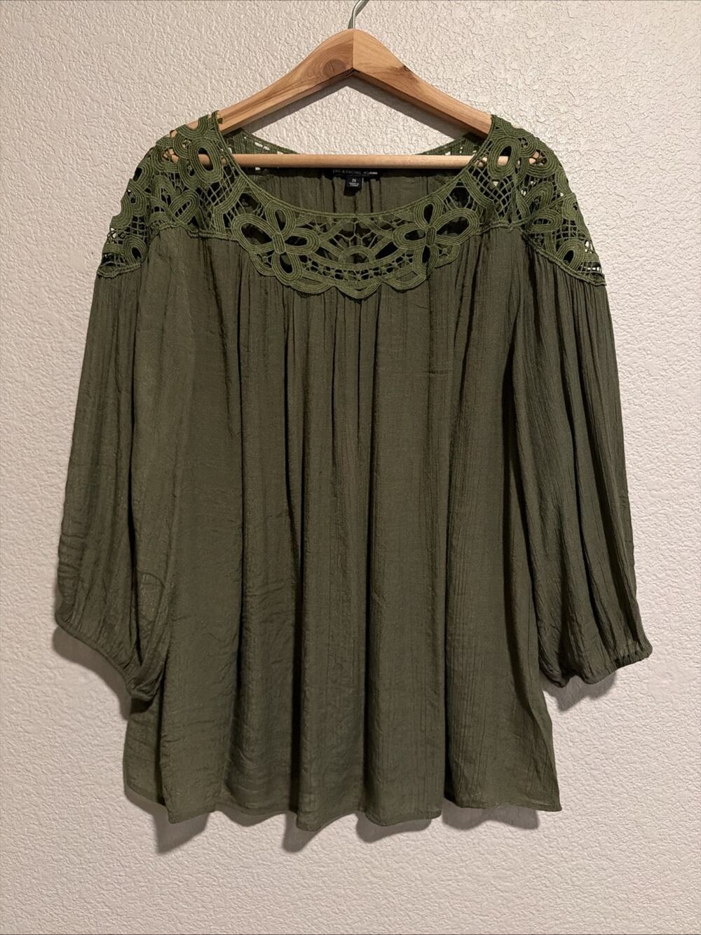 NEW Zac & Rachel Top Blouse Olive Green Cottage Coastal Lagenlook Boho Crochet